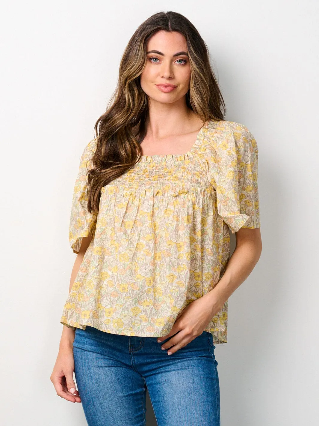 WOMEN'S SHORT SLEEVE SMOCK PEPLUM FLORAL BLOUSE TOP