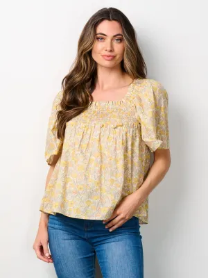 WOMEN'S SHORT SLEEVE SMOCK PEPLUM FLORAL BLOUSE TOP