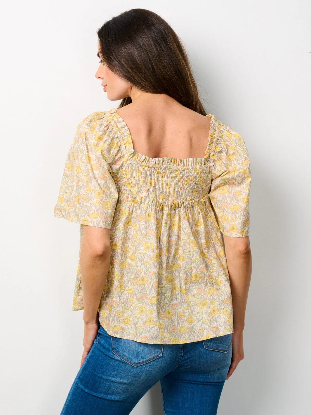 WOMEN'S SHORT SLEEVE SMOCK PEPLUM FLORAL BLOUSE TOP