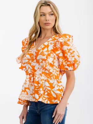 WOMEN'S SHORT SLEEVE SURPLICE FLORAL PEPLUM BLOUSE TOP