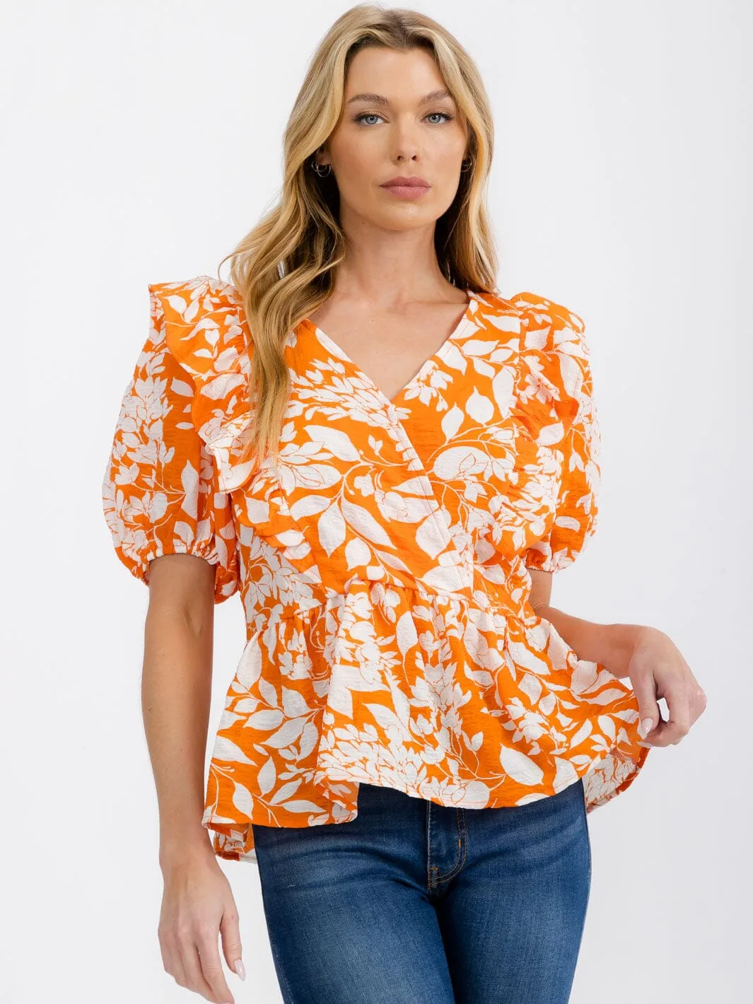 WOMEN'S SHORT SLEEVE SURPLICE FLORAL PEPLUM BLOUSE TOP