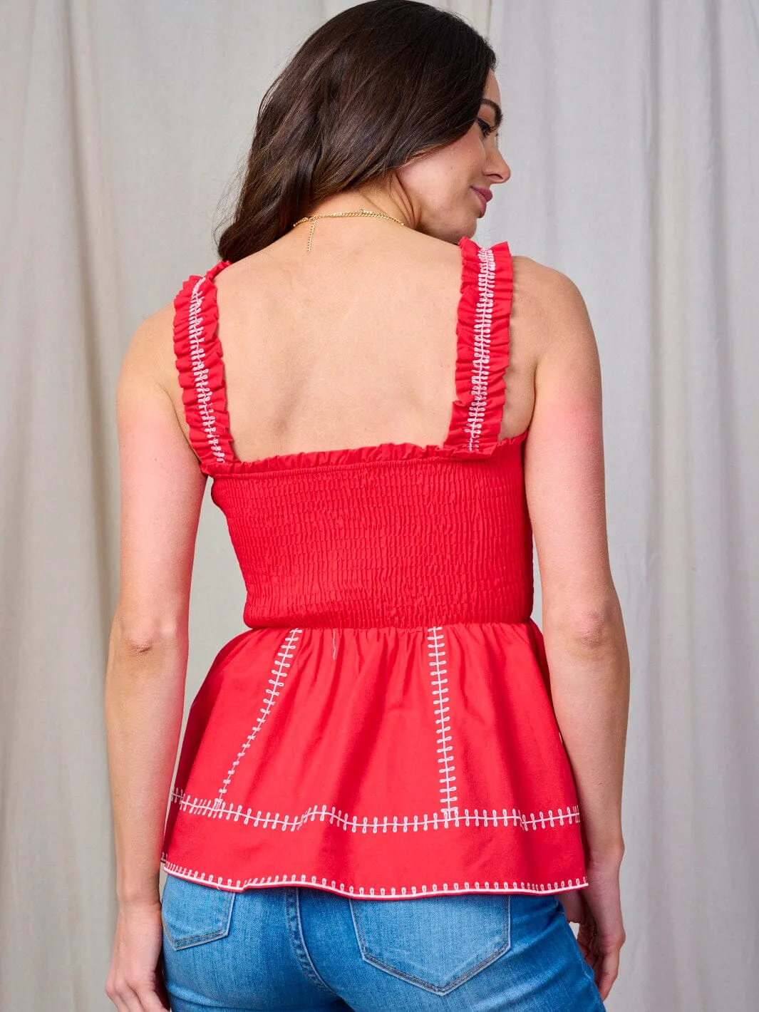 WOMEN'S SLEEVELESS SMOCK EMBROIDERY TRIM PEPLUM TANK TOP