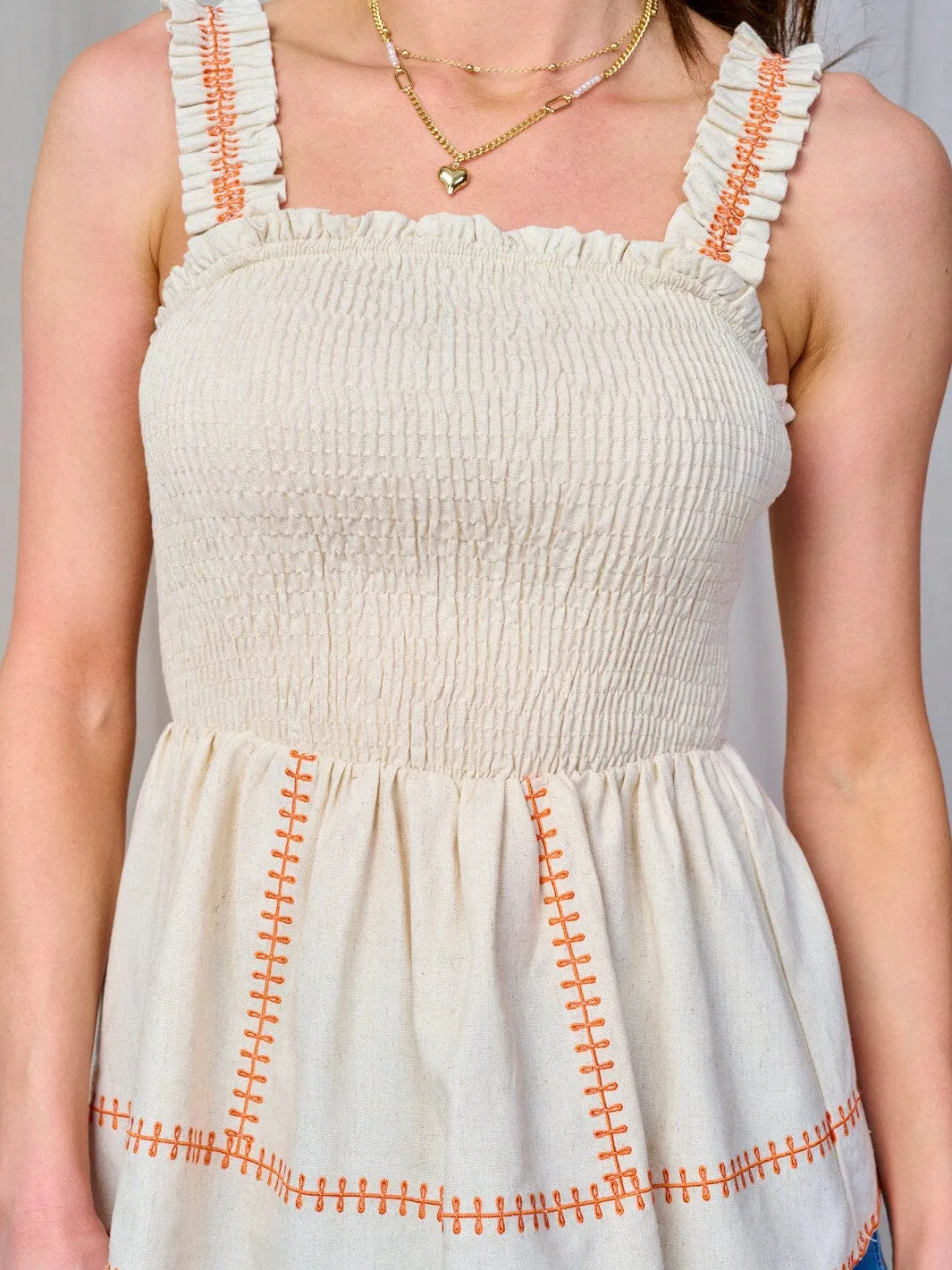 WOMEN'S SLEEVELESS SMOCK EMBROIDERY TRIM PEPLUM TANK TOP