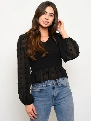 WOMEN'S SMOCKED LONG SLEEVE PEPLUM TOP