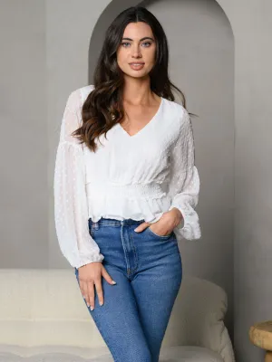 WOMEN'S SOLID DOT JACQUARD V-NECK LONG SLEEVE TOP