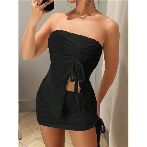 Women's Strapless Pleated Crop Top And Skirt Set