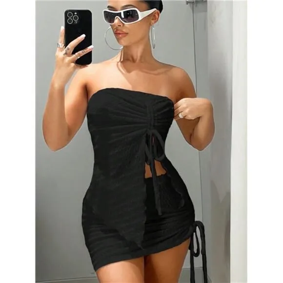 Women's Strapless Pleated Crop Top And Skirt Set