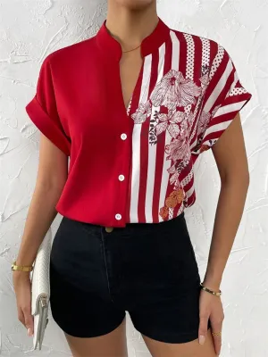 Women's Summer V Neck Short Sleeve Button Down Floral Blouses