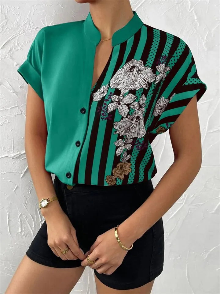 Women's Summer V Neck Short Sleeve Button Down Floral Blouses