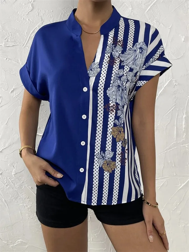 Women's Summer V Neck Short Sleeve Button Down Floral Blouses