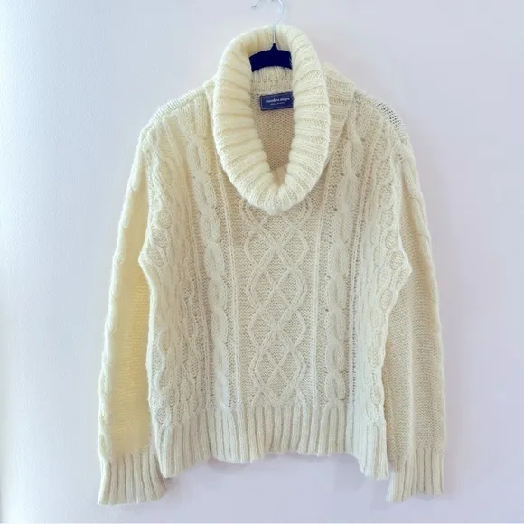 Wooden Ships Cream Cable Knit Chunky Turtleneck Sweater, S/M