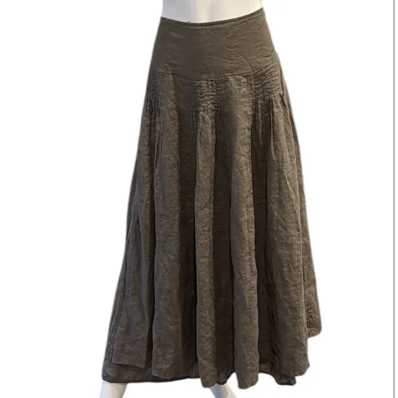 Wrap London Olive Washable Linen Drop Waist Pleated Detail Midi Skirt Size 12