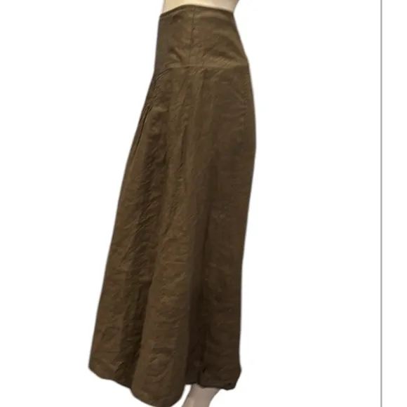 Wrap London Olive Washable Linen Drop Waist Pleated Detail Midi Skirt Size 12