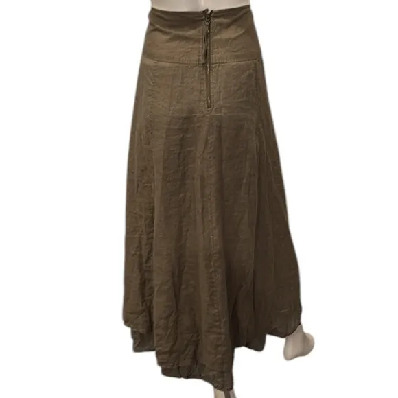 Wrap London Olive Washable Linen Drop Waist Pleated Detail Midi Skirt Size 12