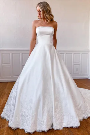 Wrenlee | Lace Appliques Long Strapless White Wedding Dress with Pockets
