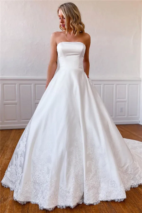 Wrenlee | Lace Appliques Long Strapless White Wedding Dress with Pockets