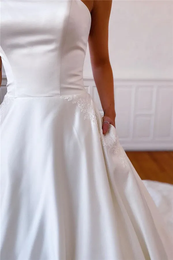 Wrenlee | Lace Appliques Long Strapless White Wedding Dress with Pockets
