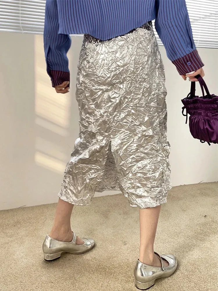Y2K Silver Wrinkled Midi Skirt