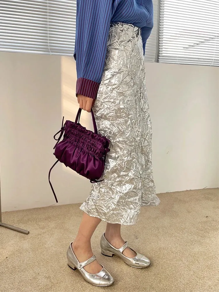 Y2K Silver Wrinkled Midi Skirt