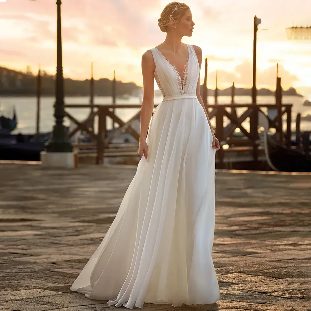 YunShang Chiffon V-Neck Wedding Dress Women 2024 Elegant Lace Boho A-Line Bridal Gowns Applique Vestido De Novia Pleat Lace-Back