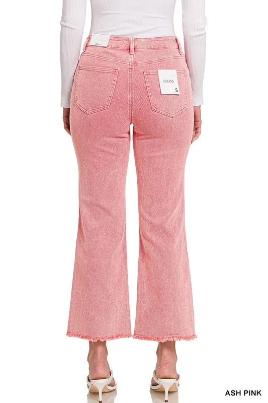 ZENANA Acid Washed High Waist Frayed Hem Bootcut Pants
